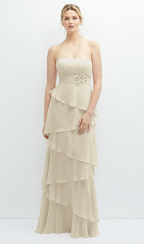 Front View - Champagne Strapless Asymmetrical Tiered Ruffle Chiffon Maxi Dress with Handworked Flower Detail
