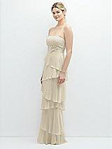 Side View Thumbnail - Champagne Strapless Asymmetrical Tiered Ruffle Chiffon Maxi Dress with Handworked Flower Detail