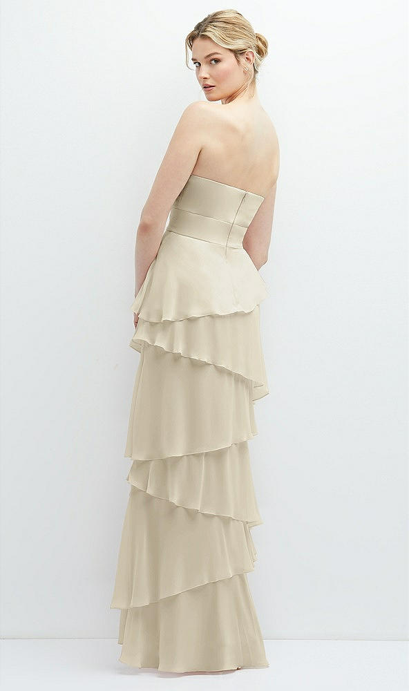 Back View - Champagne Strapless Asymmetrical Tiered Ruffle Chiffon Maxi Dress with Handworked Flower Detail