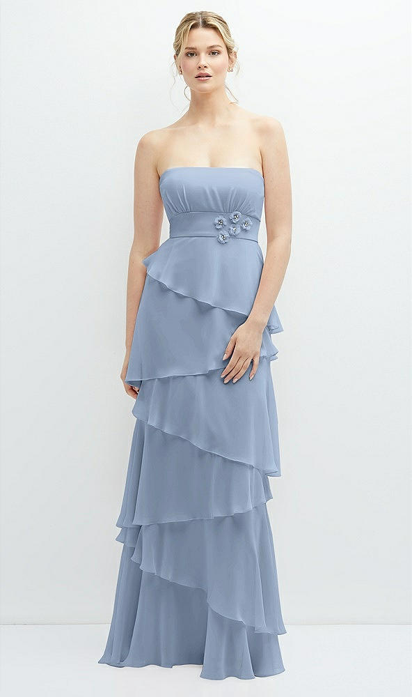 Front View - Cloudy Strapless Asymmetrical Tiered Ruffle Chiffon Maxi Dress with Handworked Flower Detail