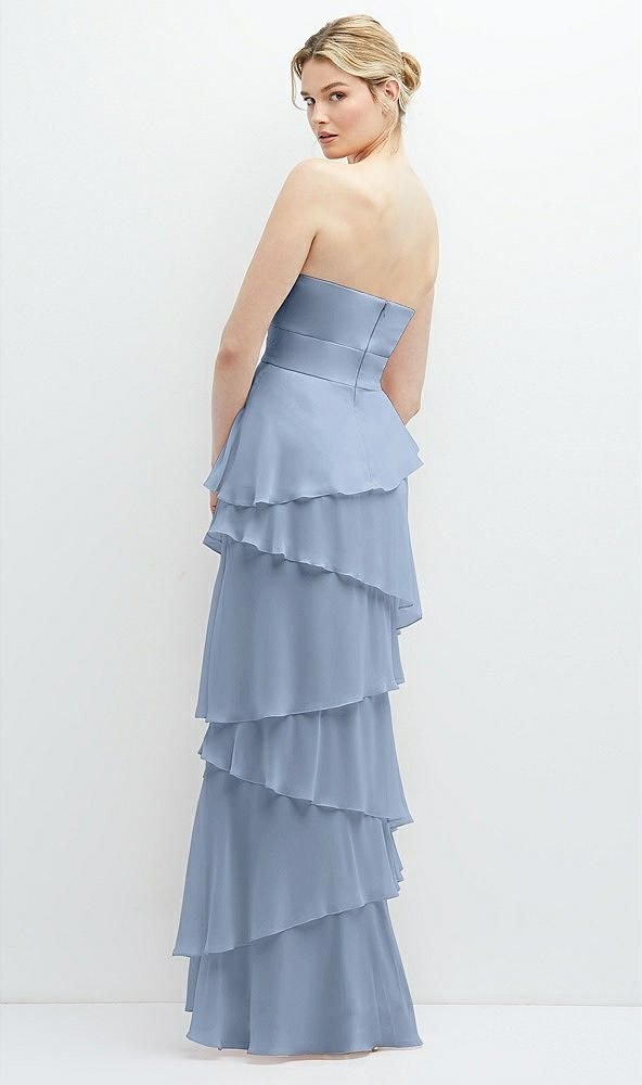 Back View - Cloudy Strapless Asymmetrical Tiered Ruffle Chiffon Maxi Dress with Handworked Flower Detail