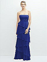 Front View Thumbnail - Cobalt Blue Strapless Asymmetrical Tiered Ruffle Chiffon Maxi Dress with Handworked Flower Detail