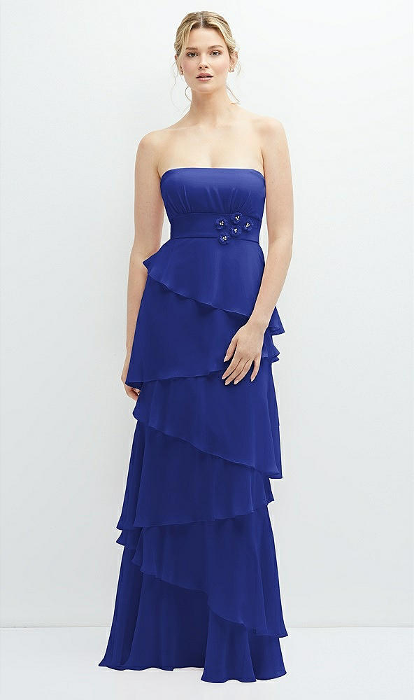 Front View - Cobalt Blue Strapless Asymmetrical Tiered Ruffle Chiffon Maxi Dress with Handworked Flower Detail