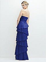 Rear View Thumbnail - Cobalt Blue Strapless Asymmetrical Tiered Ruffle Chiffon Maxi Dress with Handworked Flower Detail