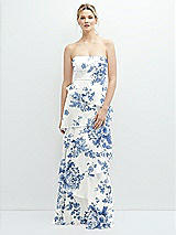 Front View Thumbnail - Cottage Rose Dusk Blue Strapless Asymmetrical Tiered Ruffle Chiffon Maxi Dress with Handworked Flower Detail