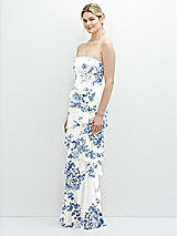 Side View Thumbnail - Cottage Rose Dusk Blue Strapless Asymmetrical Tiered Ruffle Chiffon Maxi Dress with Handworked Flower Detail