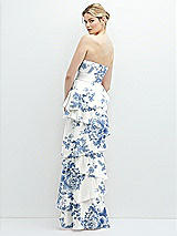 Rear View Thumbnail - Cottage Rose Dusk Blue Strapless Asymmetrical Tiered Ruffle Chiffon Maxi Dress with Handworked Flower Detail