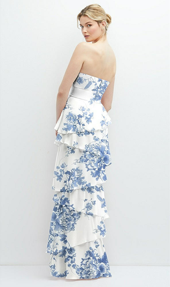 Back View - Cottage Rose Dusk Blue Strapless Asymmetrical Tiered Ruffle Chiffon Maxi Dress with Handworked Flower Detail