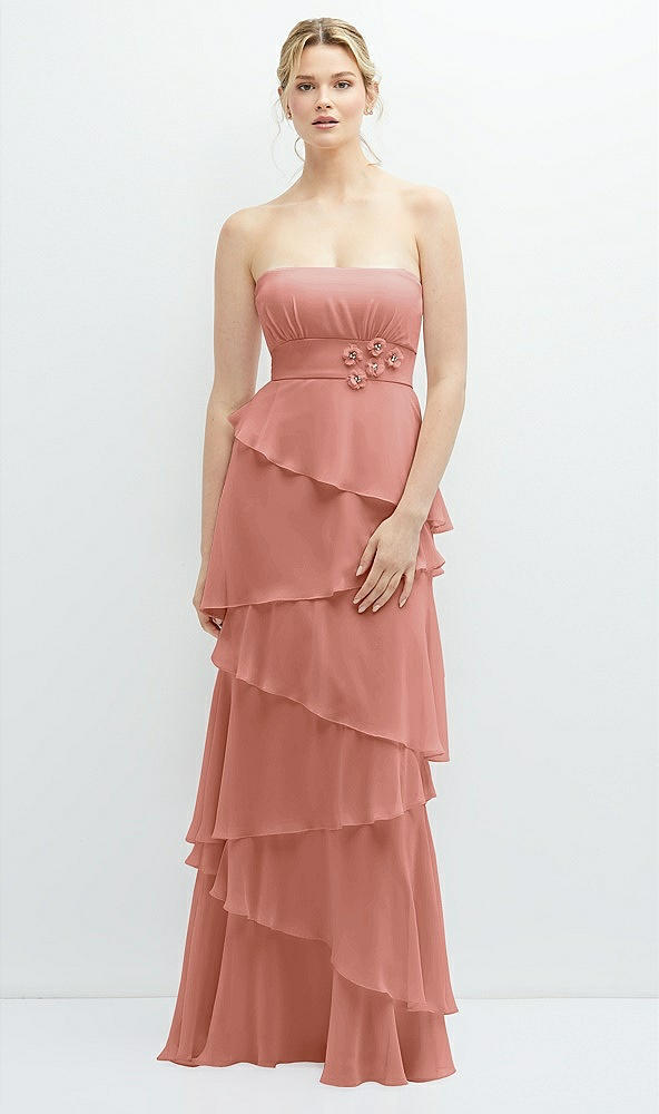 Front View - Desert Rose Strapless Asymmetrical Tiered Ruffle Chiffon Maxi Dress with Handworked Flower Detail