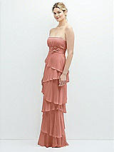 Side View Thumbnail - Desert Rose Strapless Asymmetrical Tiered Ruffle Chiffon Maxi Dress with Handworked Flower Detail