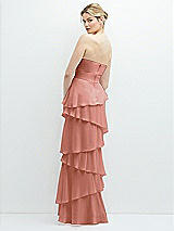 Rear View Thumbnail - Desert Rose Strapless Asymmetrical Tiered Ruffle Chiffon Maxi Dress with Handworked Flower Detail