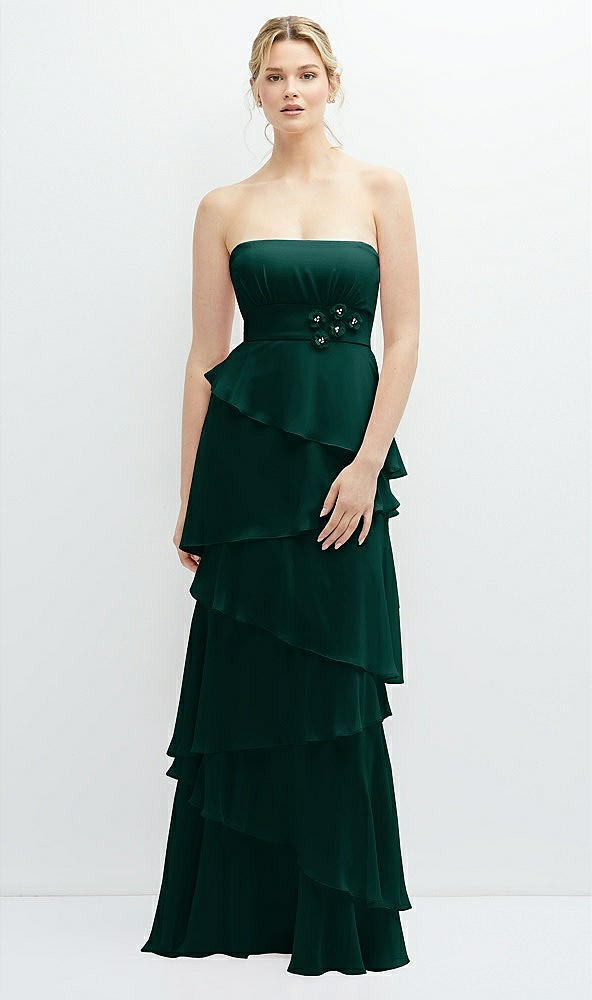 Front View - Evergreen Strapless Asymmetrical Tiered Ruffle Chiffon Maxi Dress with Handworked Flower Detail