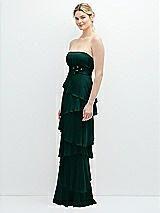 Side View Thumbnail - Evergreen Strapless Asymmetrical Tiered Ruffle Chiffon Maxi Dress with Handworked Flower Detail