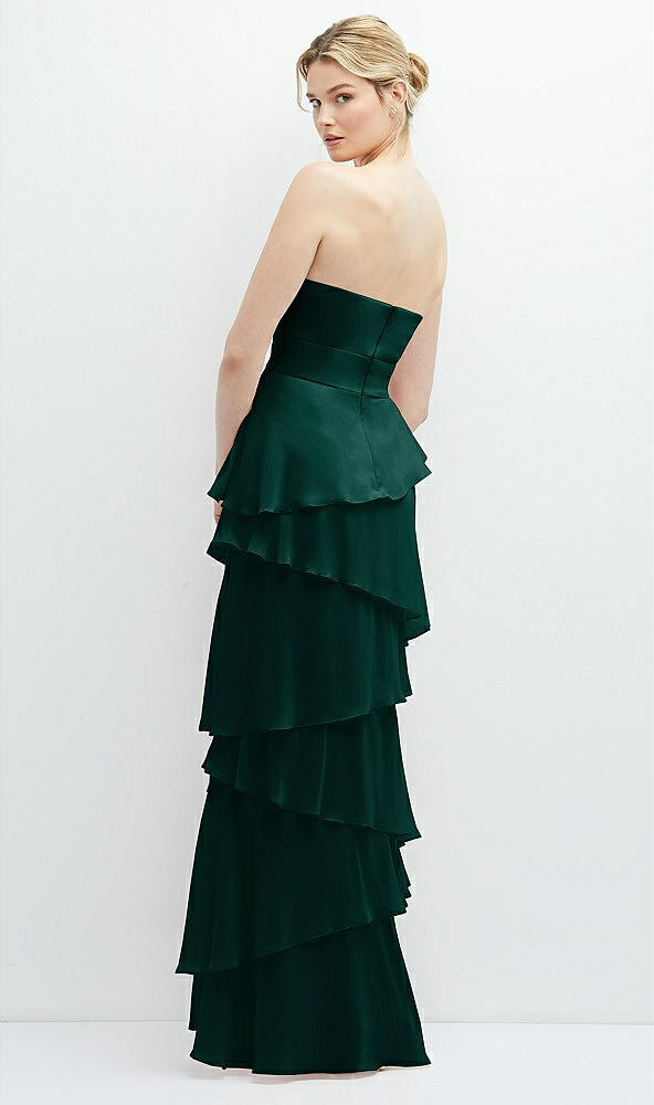Back View - Evergreen Strapless Asymmetrical Tiered Ruffle Chiffon Maxi Dress with Handworked Flower Detail