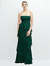 Front View Thumbnail - Hunter Green Strapless Asymmetrical Tiered Ruffle Chiffon Maxi Dress with Handworked Flower Detail