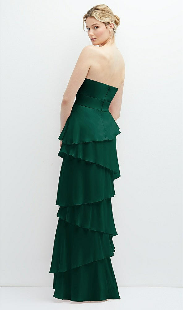 Back View - Hunter Green Strapless Asymmetrical Tiered Ruffle Chiffon Maxi Dress with Handworked Flower Detail