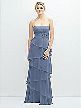 Front View Thumbnail - Larkspur Blue Strapless Asymmetrical Tiered Ruffle Chiffon Maxi Dress with Handworked Flower Detail
