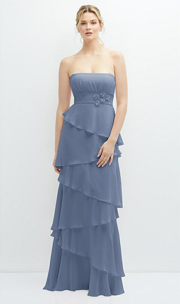 Front View - Larkspur Blue Strapless Asymmetrical Tiered Ruffle Chiffon Maxi Dress with Handworked Flower Detail