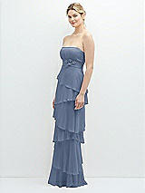 Side View Thumbnail - Larkspur Blue Strapless Asymmetrical Tiered Ruffle Chiffon Maxi Dress with Handworked Flower Detail