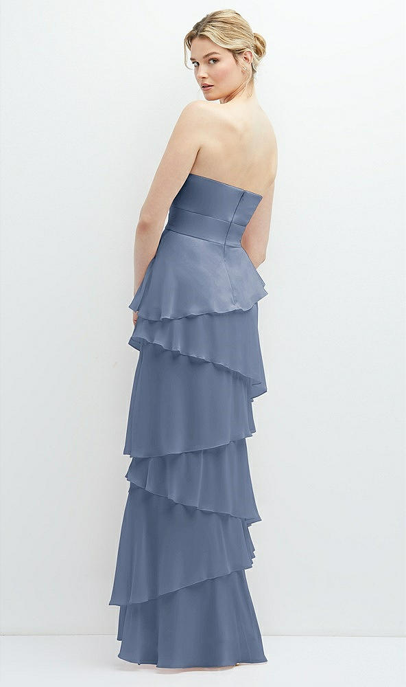 Back View - Larkspur Blue Strapless Asymmetrical Tiered Ruffle Chiffon Maxi Dress with Handworked Flower Detail