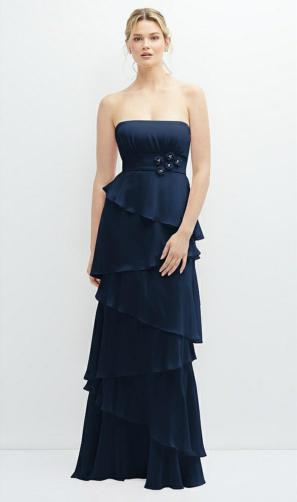 Front View - Midnight Navy Strapless Asymmetrical Tiered Ruffle Chiffon Maxi Dress with Handworked Flower Detail