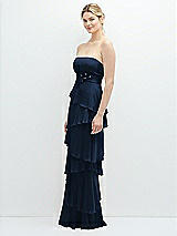 Side View Thumbnail - Midnight Navy Strapless Asymmetrical Tiered Ruffle Chiffon Maxi Dress with Handworked Flower Detail