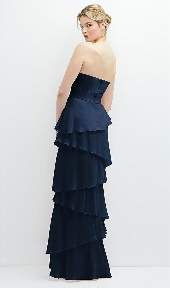 Back View - Midnight Navy Strapless Asymmetrical Tiered Ruffle Chiffon Maxi Dress with Handworked Flower Detail
