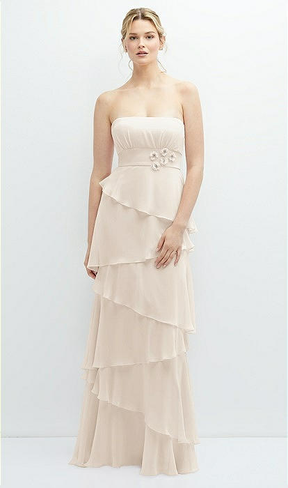 Strapless Asymmetrical Tiered Ruffle Chiffon Maxi Dress with Handworked Flower Detail