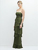 Side View Thumbnail - Olive Green Strapless Asymmetrical Tiered Ruffle Chiffon Maxi Dress with Handworked Flower Detail