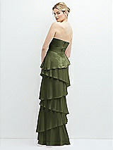Rear View Thumbnail - Olive Green Strapless Asymmetrical Tiered Ruffle Chiffon Maxi Dress with Handworked Flower Detail