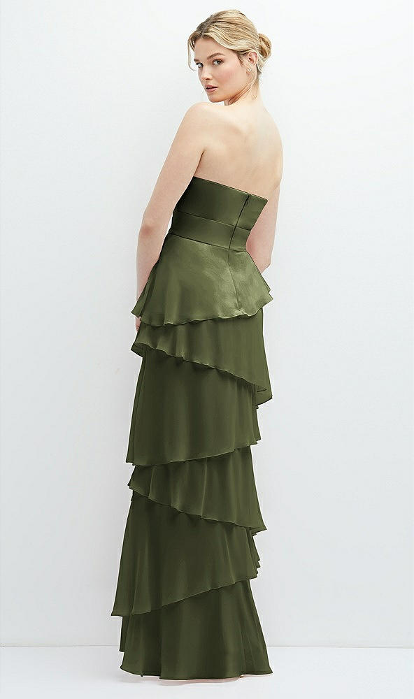 Back View - Olive Green Strapless Asymmetrical Tiered Ruffle Chiffon Maxi Dress with Handworked Flower Detail