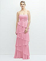 Front View Thumbnail - Peony Pink Strapless Asymmetrical Tiered Ruffle Chiffon Maxi Dress with Handworked Flower Detail