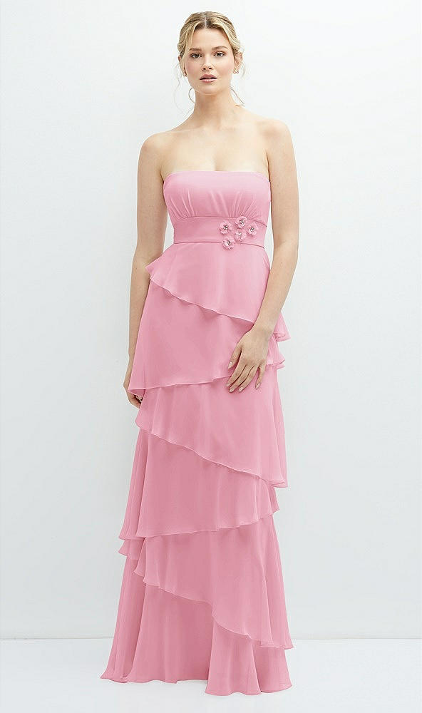 Front View - Peony Pink Strapless Asymmetrical Tiered Ruffle Chiffon Maxi Dress with Handworked Flower Detail