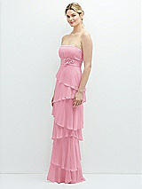Side View Thumbnail - Peony Pink Strapless Asymmetrical Tiered Ruffle Chiffon Maxi Dress with Handworked Flower Detail