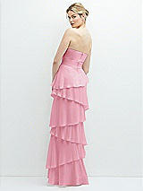Rear View Thumbnail - Peony Pink Strapless Asymmetrical Tiered Ruffle Chiffon Maxi Dress with Handworked Flower Detail