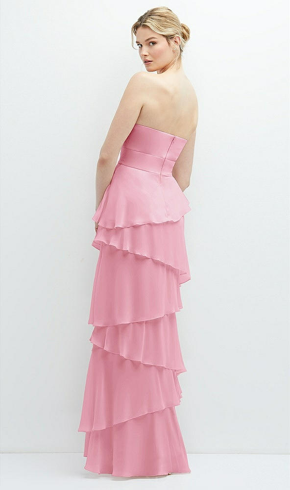 Back View - Peony Pink Strapless Asymmetrical Tiered Ruffle Chiffon Maxi Dress with Handworked Flower Detail