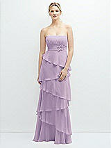 Front View Thumbnail - Pale Purple Strapless Asymmetrical Tiered Ruffle Chiffon Maxi Dress with Handworked Flower Detail