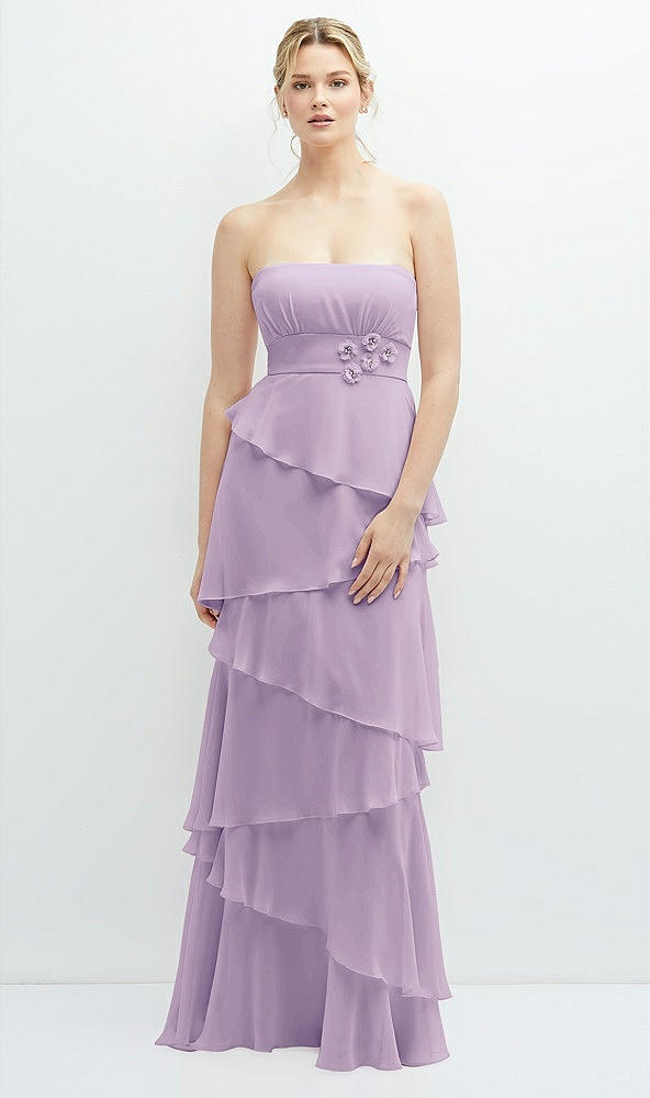 Front View - Pale Purple Strapless Asymmetrical Tiered Ruffle Chiffon Maxi Dress with Handworked Flower Detail