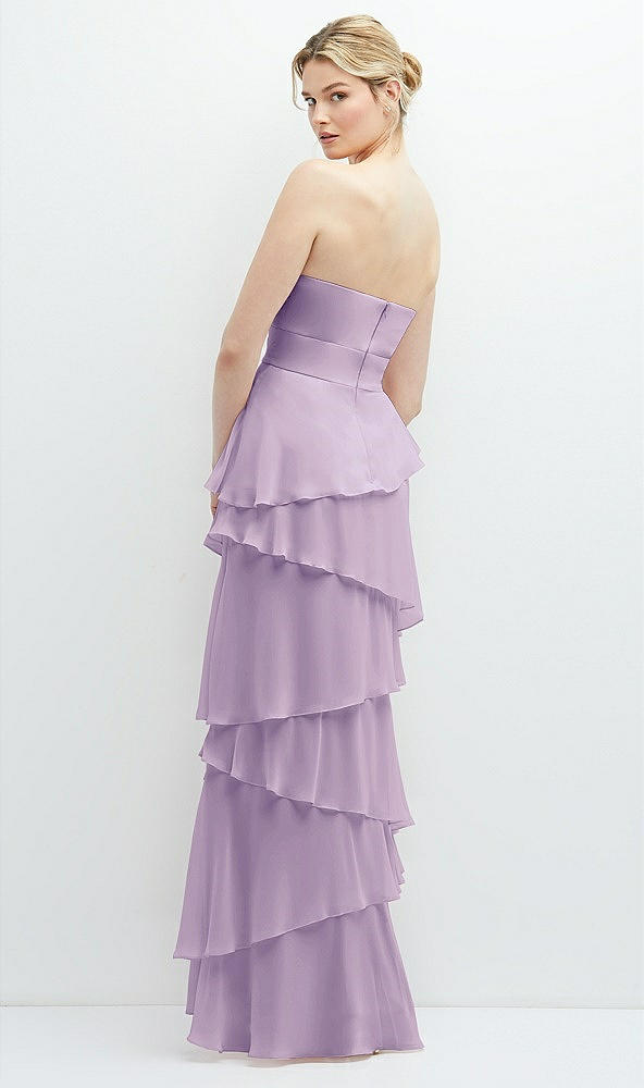 Back View - Pale Purple Strapless Asymmetrical Tiered Ruffle Chiffon Maxi Dress with Handworked Flower Detail