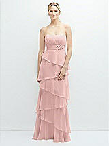 Front View Thumbnail - Rose - PANTONE Rose Quartz Strapless Asymmetrical Tiered Ruffle Chiffon Maxi Dress with Handworked Flower Detail