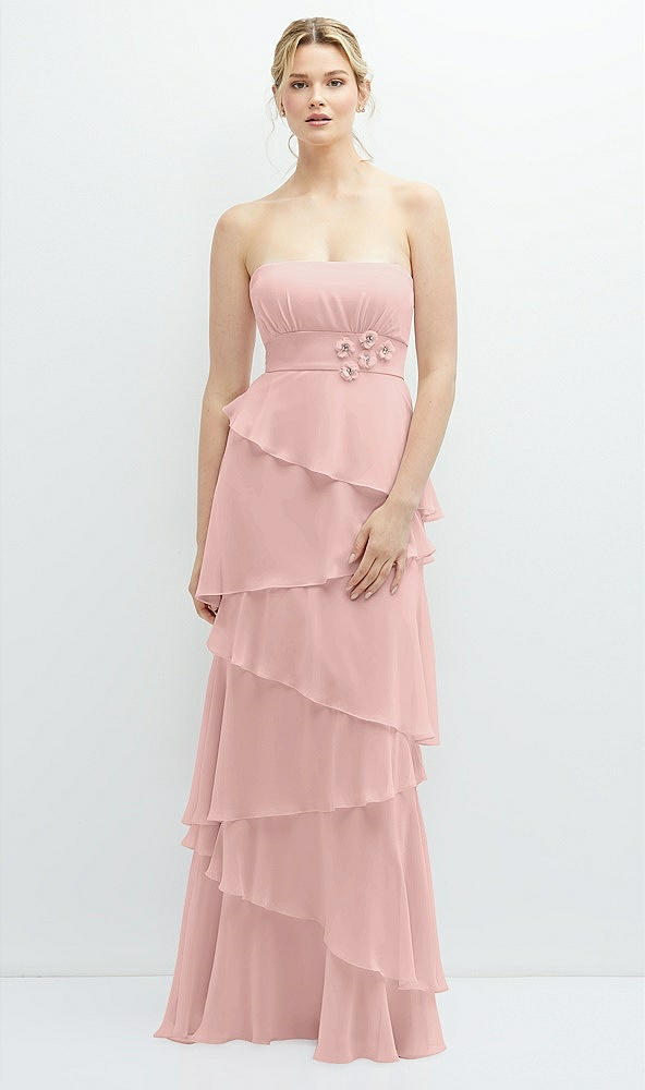 Front View - Rose - PANTONE Rose Quartz Strapless Asymmetrical Tiered Ruffle Chiffon Maxi Dress with Handworked Flower Detail