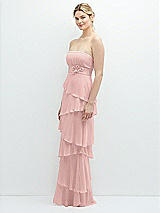 Side View Thumbnail - Rose - PANTONE Rose Quartz Strapless Asymmetrical Tiered Ruffle Chiffon Maxi Dress with Handworked Flower Detail