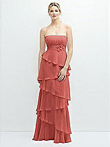 Front View Thumbnail - Coral Pink Strapless Asymmetrical Tiered Ruffle Chiffon Maxi Dress with Handworked Flower Detail
