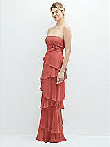 Side View Thumbnail - Coral Pink Strapless Asymmetrical Tiered Ruffle Chiffon Maxi Dress with Handworked Flower Detail