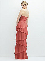 Rear View Thumbnail - Coral Pink Strapless Asymmetrical Tiered Ruffle Chiffon Maxi Dress with Handworked Flower Detail