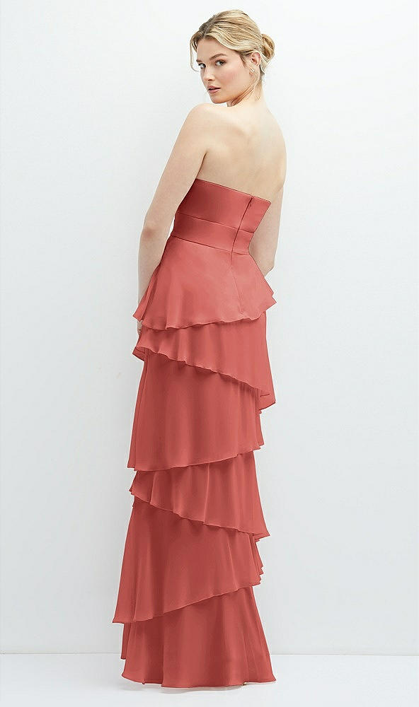 Back View - Coral Pink Strapless Asymmetrical Tiered Ruffle Chiffon Maxi Dress with Handworked Flower Detail
