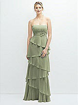 Front View Thumbnail - Sage Strapless Asymmetrical Tiered Ruffle Chiffon Maxi Dress with Handworked Flower Detail