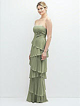 Side View Thumbnail - Sage Strapless Asymmetrical Tiered Ruffle Chiffon Maxi Dress with Handworked Flower Detail