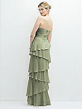 Rear View Thumbnail - Sage Strapless Asymmetrical Tiered Ruffle Chiffon Maxi Dress with Handworked Flower Detail