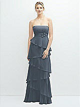 Front View Thumbnail - Silverstone Strapless Asymmetrical Tiered Ruffle Chiffon Maxi Dress with Handworked Flower Detail